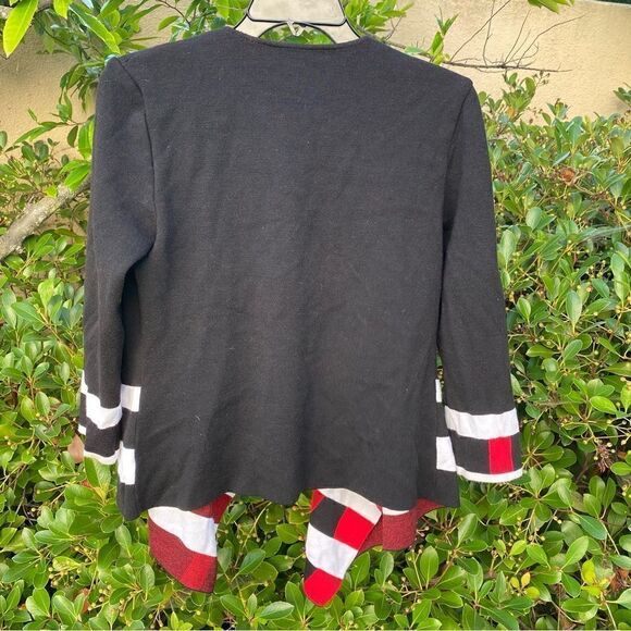 St. John Black Striped Wool Blend Draped Waterfall Open Front Cardigan Sweater M - Picture 2 of 5